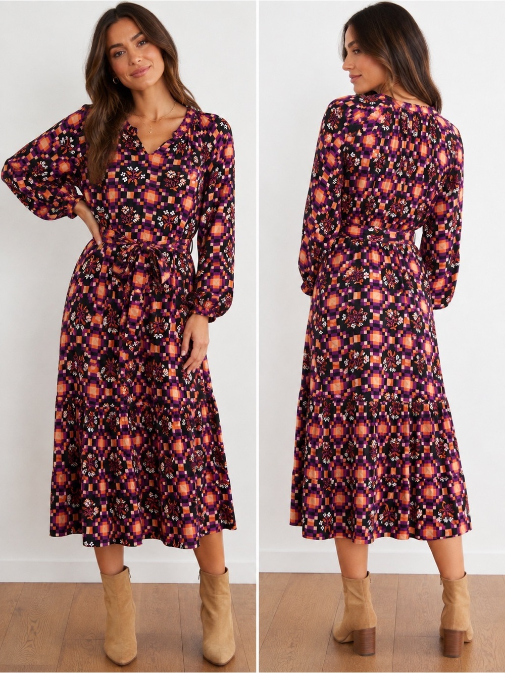 Printfresh XL Floral Geometric Tie Waist Long Sleeve Midi Dress Rayon Modal